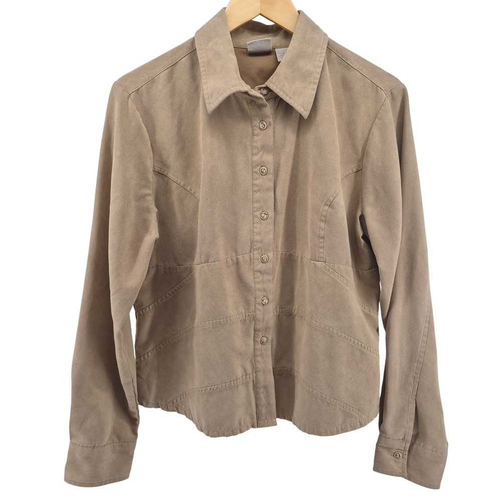 Fiorlini International Tan Faux‎ Suede Button Down Shirt Sz L Western Cowgirl